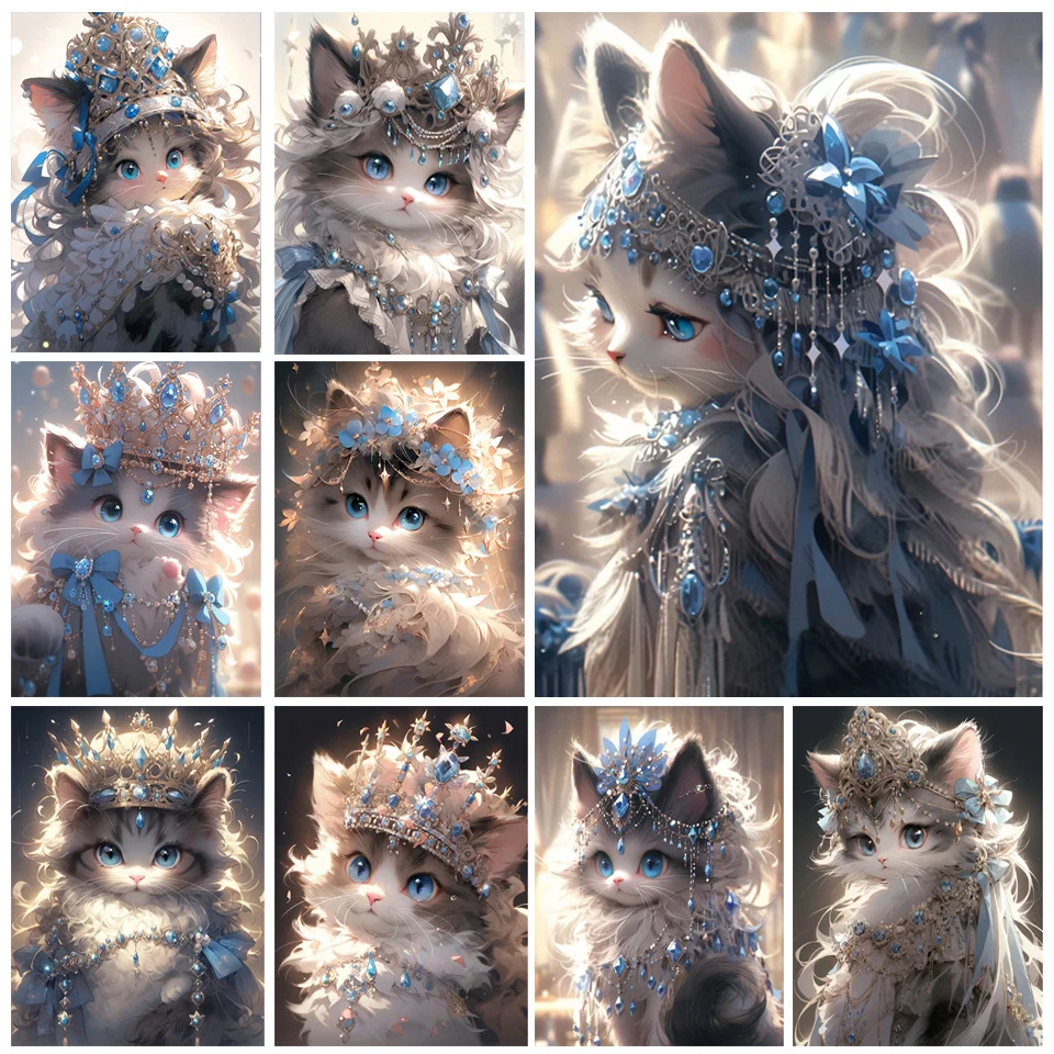 5D DIY New Diamond Painting Cat Wearing Crown Jewelry Animal Full Drill Diamond Embroidery Mosaic Cross Stitch Kit Decor WE1152