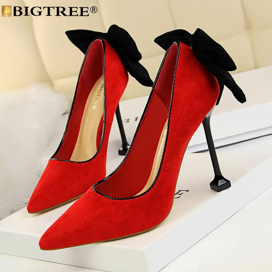 

Women High Heels Fetish Pumps Luxury Design Party Butterfly-knot Pointed Toe Flock 9.5CM Thin Heels Mature Wedding Women Shoes