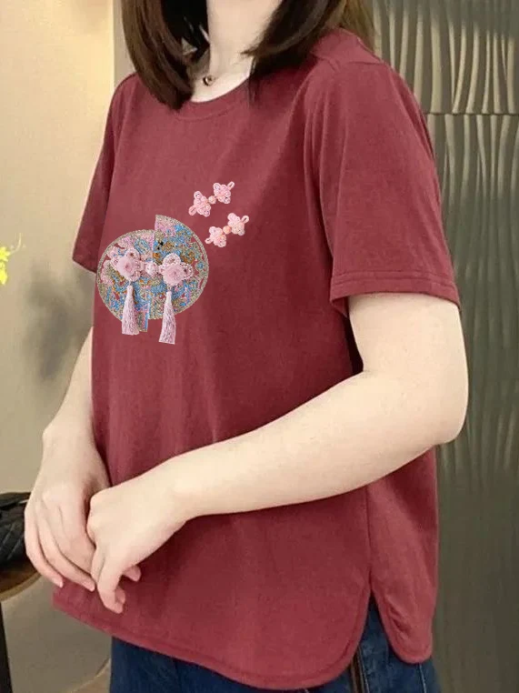 

Элегантная повседневная женская футболка с принтом и коротким рукавом, свободного кроя, с круглым вырезом, летний топ для поездок на работу, в стиле для стройных мам