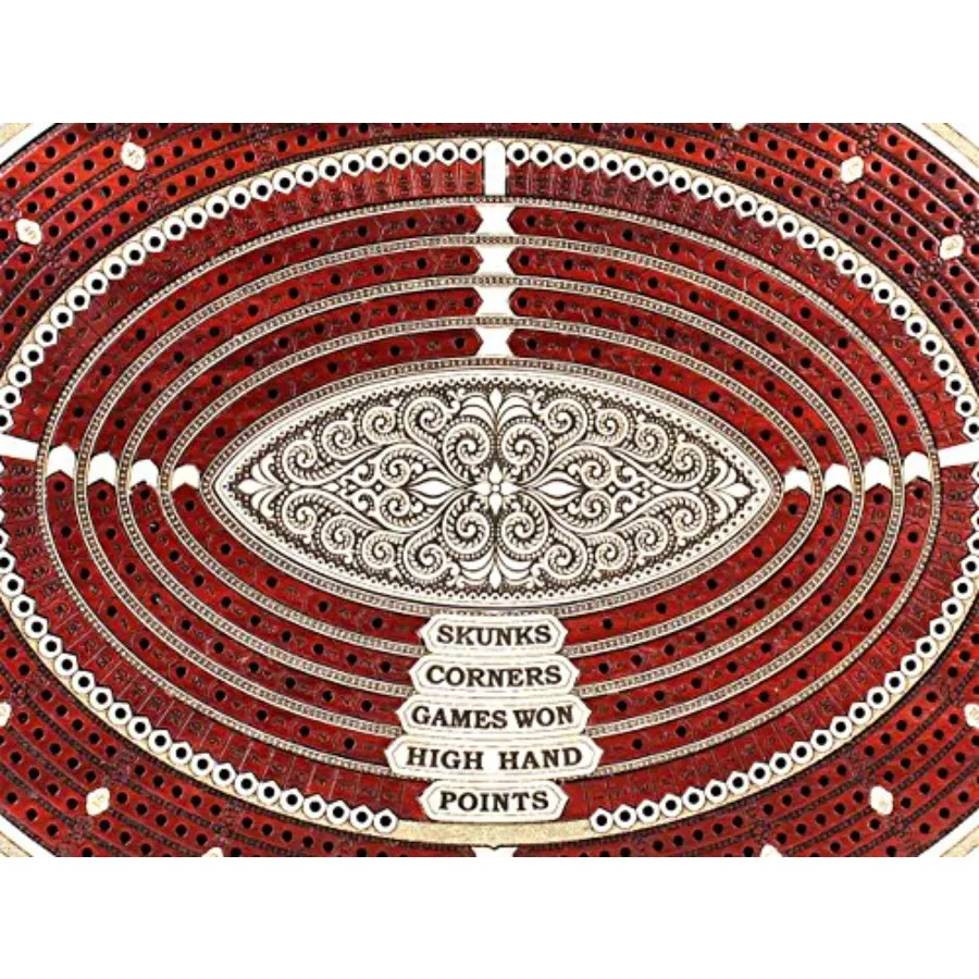 Tablero y caja de cribbage continuo de 4 pistas de forma ovalada en arce sanguíneo con lugar para rincones Skunks Won Games, mano alta y