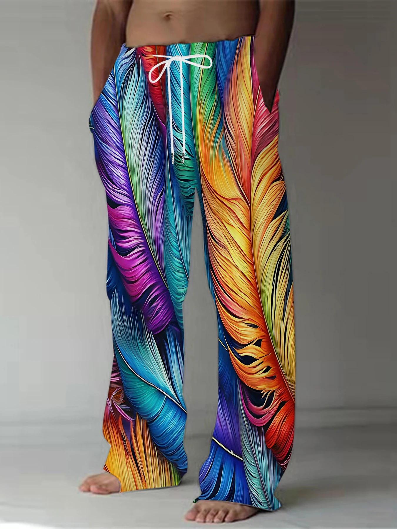 

2026 Men's Printed Straight Leg Pants Abstract Wave Design Drawstring Waist Loose Fit Summer Beach Casual Lightweight Trousers
