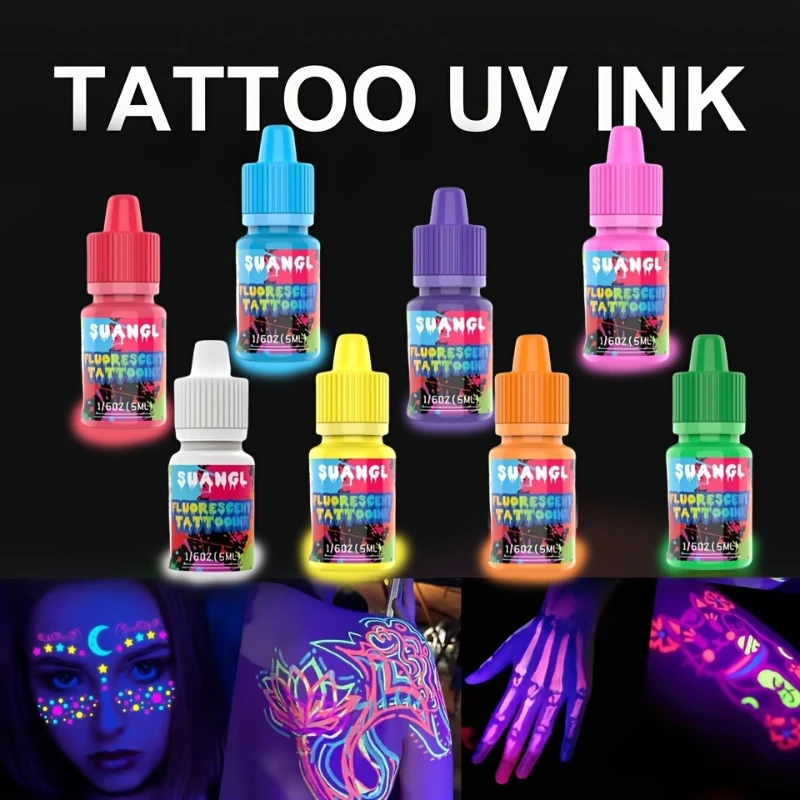 Fluorescent Tattoo Ink Set 8 Colors Fluorescent Tattoo Ink 100 Ink Cup Safe Non-toxic Fluorescent Ink Fashionable Tattoo Ink Set