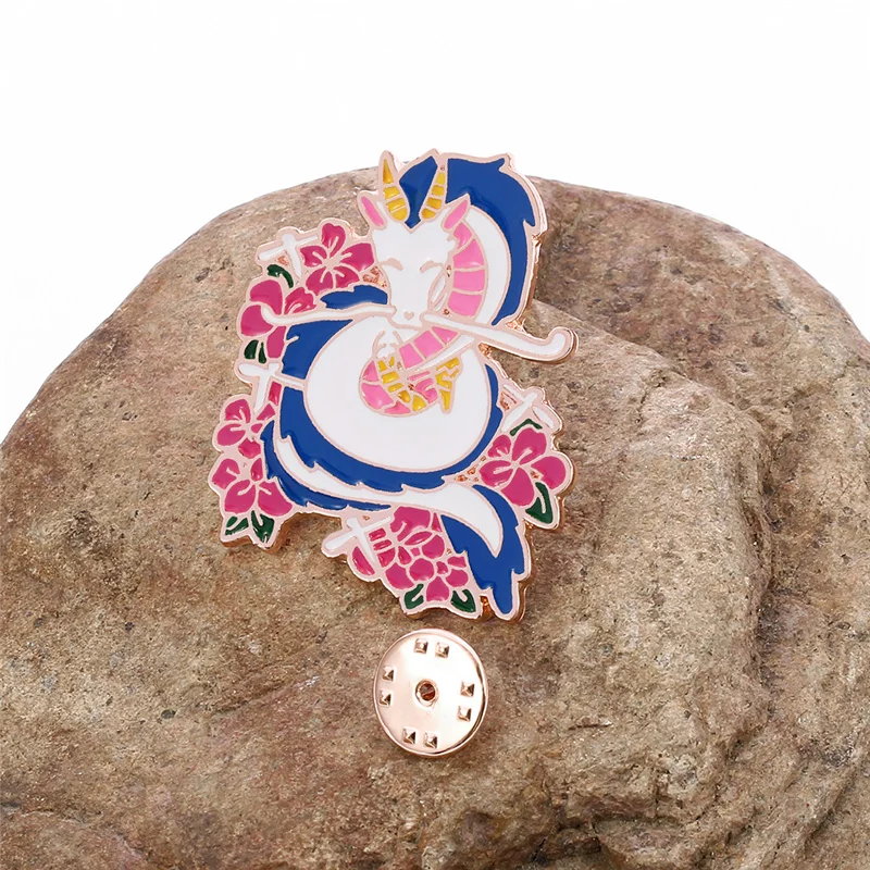 Dragon Enamel Pin, Cute White Dragon With Pink Flowers Lapel Brooch Badge, Studio Ghibli Anime Jewelry Gift