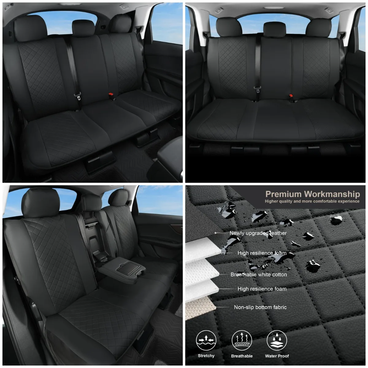 

Universal Faux Leather Rear Bench Seat Cover for Cars (50-54''), Black, 60/40 Split for Sedans, SUV, Truck