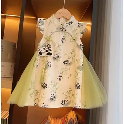 Girls' Summer Dress 2024 New Baby Chinese Style Cheongsam Dress Little Girls Hanfu Children's Mesh Princess Dress
