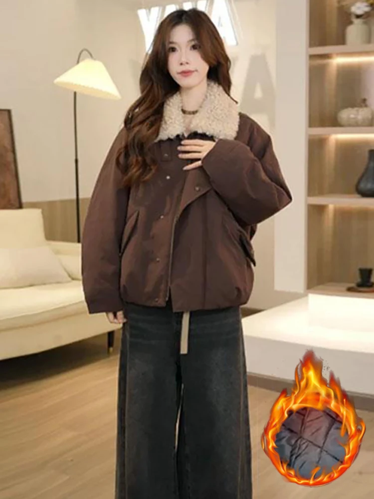 

Korean Style Lamb Fur Collar Patchwork Fleece Lined Parka Coat Winter New Women's Small Size Loose Slimming Warm Outerwear