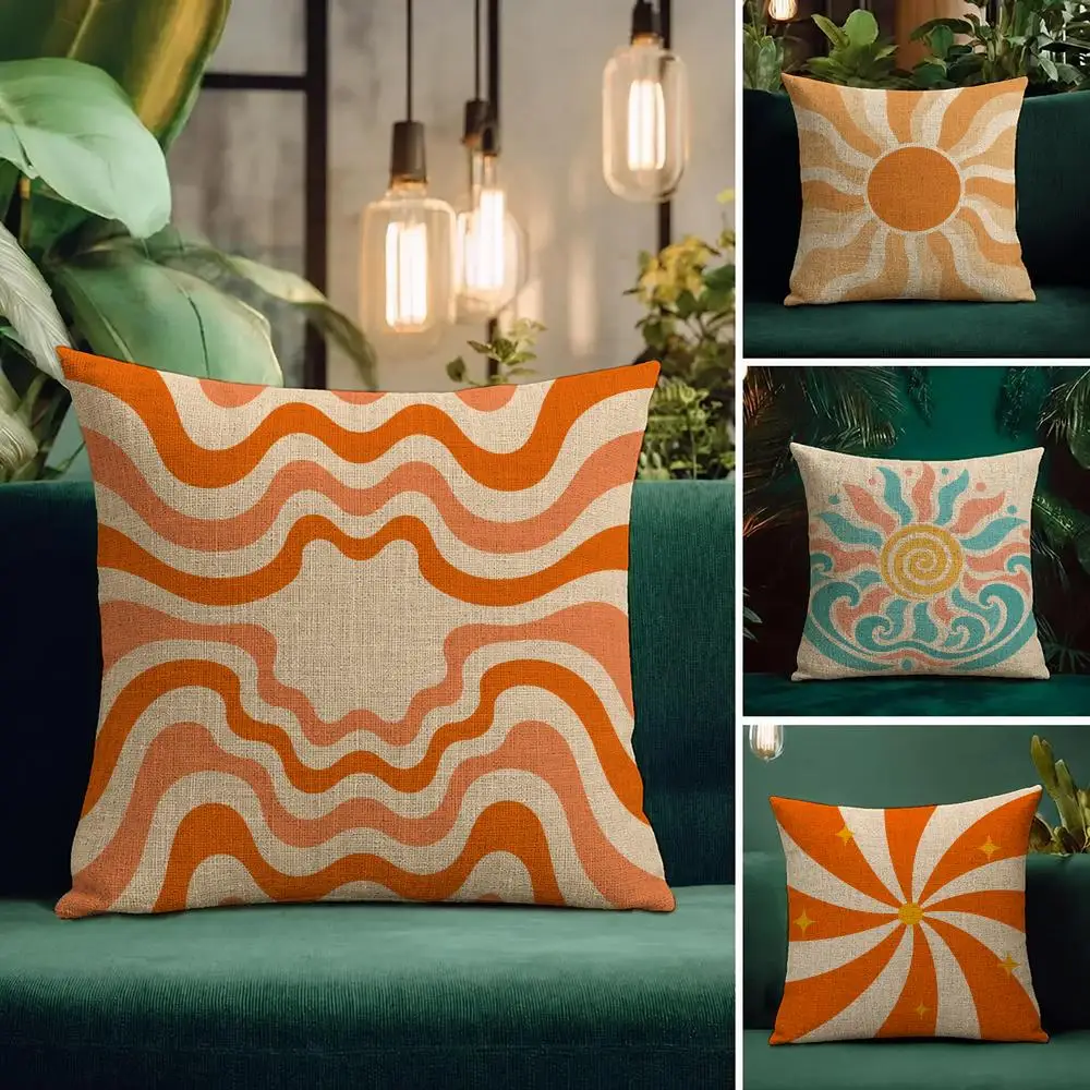 Art Retro Hippie Sun Wave Pattern Cushion Cover Natural Linen Pillowcase Set Cushion Cover for Sofa Bedroom Chair
