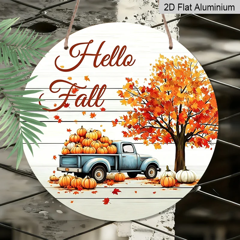 2D Flat, 1pc Hello Fall Aluminum Hanging Ornament, Rustic Farmhouse Autumn Harvest Pumpkin Maple Leaf Truck Front Door