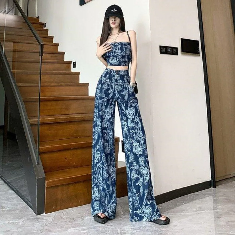 

Two-Piece Set High-End Denim Printed Tops Long Chest Wide-Leg Pants Women Summer New Design And Fashion Suit
