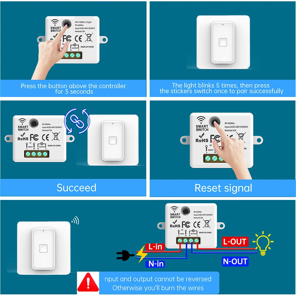 

Компактный беспроводной выключатель света RF433 на батарейках, не требует электрического подключения, для использования внутри помещений, дальность действия до 30 м