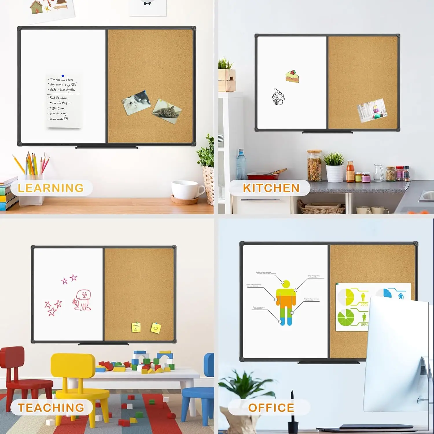 مجموعة سبورة بيضاء مغناطيسية مقاس 48 × 36، إطار من الألومنيوم الأسود مثبت على الحائط للمكتب والمنزل والمدرسة #3
