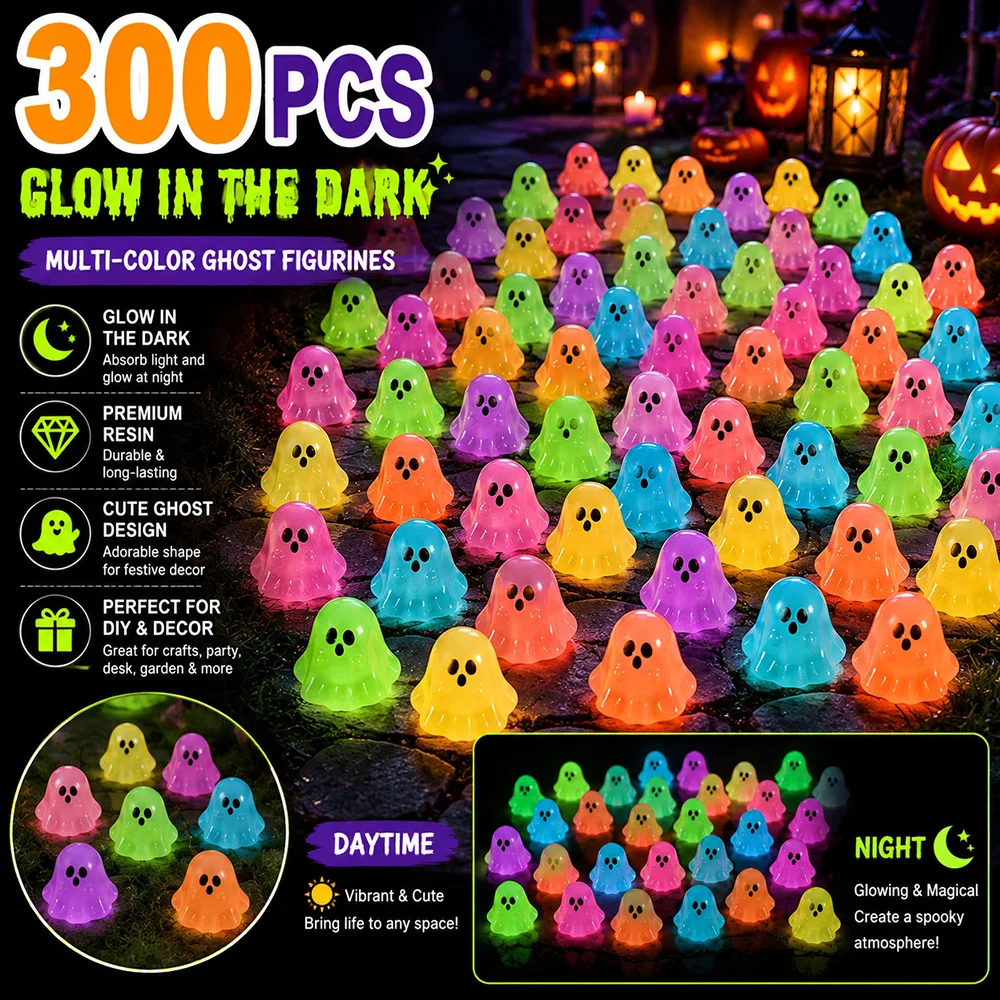 100/200/300Pcs Halloween Mini Resin Ghost Figurines Bulk Glow in the Dark Miniature Ghost for Micro Garden Landscape Party Decor