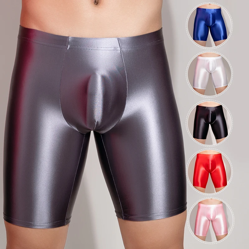 men Sexy Oily Glossy See Through Sheer Shiny Wet Soft Stretchy Leggings Smooth Shorts Pants Men\'s oily shorts boxer Underwear