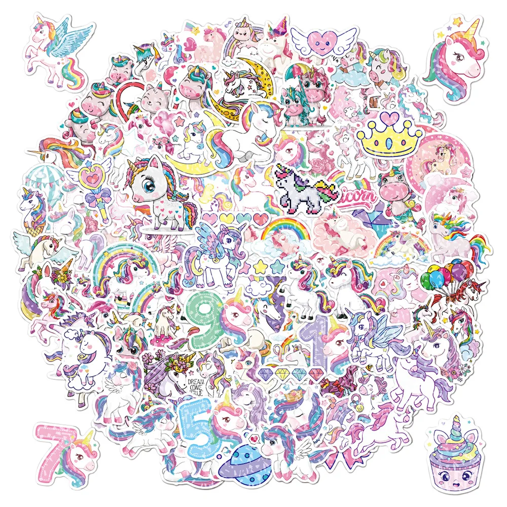 10/30/50/118pcs Holographic Laser Unicorn Cartoon Stickers Aesthetic Decals DIY Phone Case Diary PVC Cute Sticker for Kids Girls