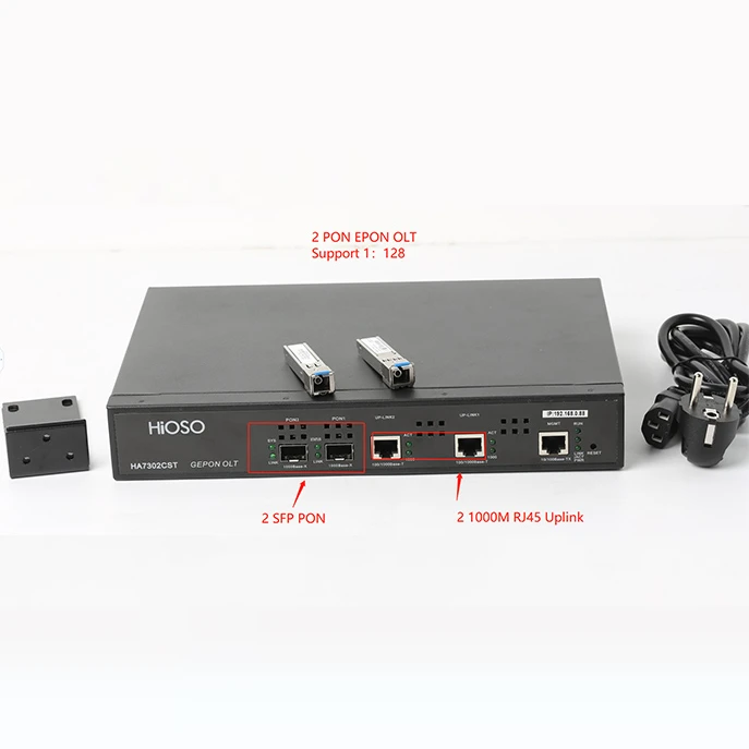 

2026 HiOSO 2 Ports Olt 1:128 Epon Gepon Fttx Fiber Optic Equipment Olt with 2 SFP Modules PX20+++