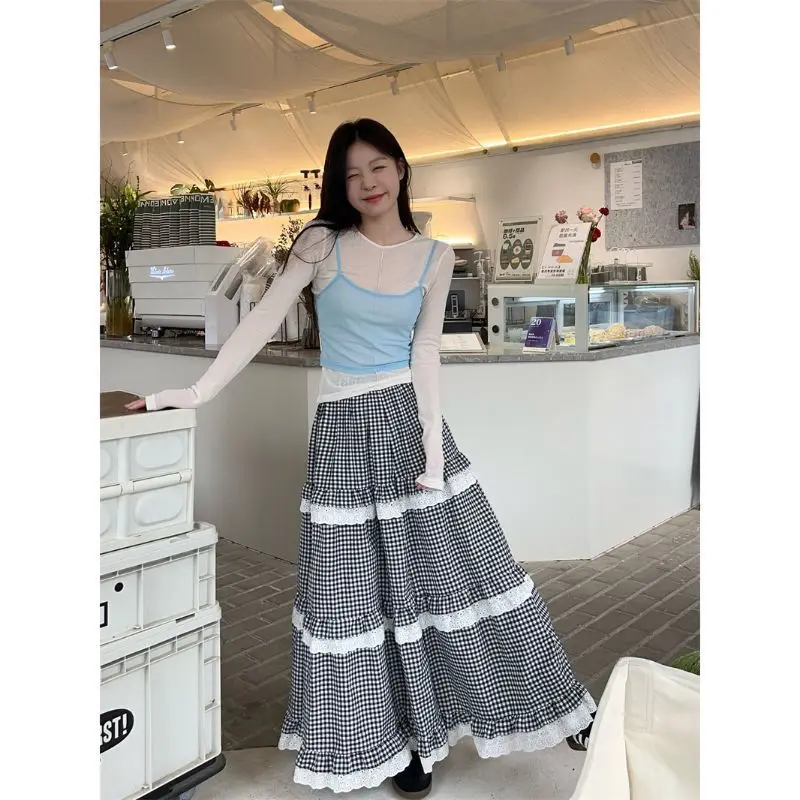 

Deeptown Japanese Style Plaid Ruffle Skirt Women Kawaii Preppy Style Long Skirt Sweet Fashion Cutecore Casual A-line Midi Skirts