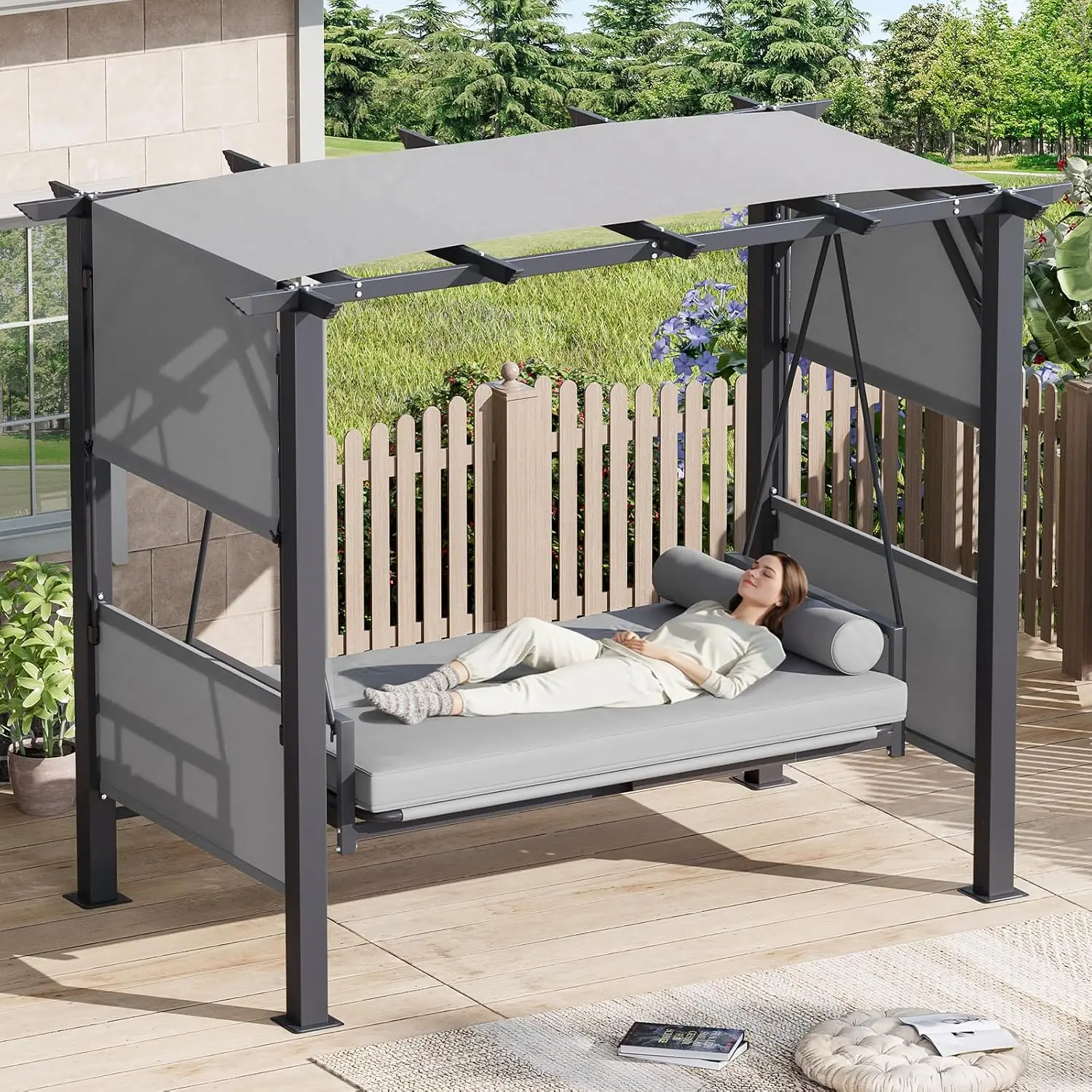 3-Seat Outdoor Porch Swing with Stand, Patio Porch Swing Chair with Adjustable Canopy, Convertible 2-in-1 Swings, Customized