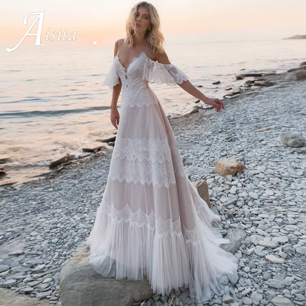 Tempting Nude Champagne V Neck Chic Sleeves Straps Ruffles Lace A Line Bride Dress Vintage Princess Bridal Gown Customized