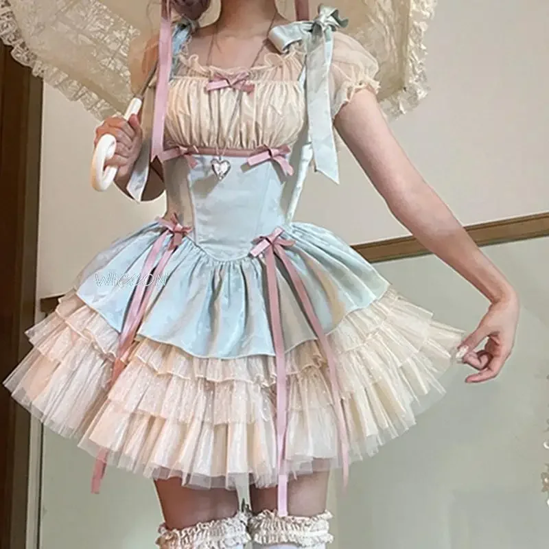 Japanese Lolita Jsk Dress Sweet Women Vintage Bow Ribbon Party Princess Dresses Girls Kawaii Ballet Style Mesh Y2k Mini Dress