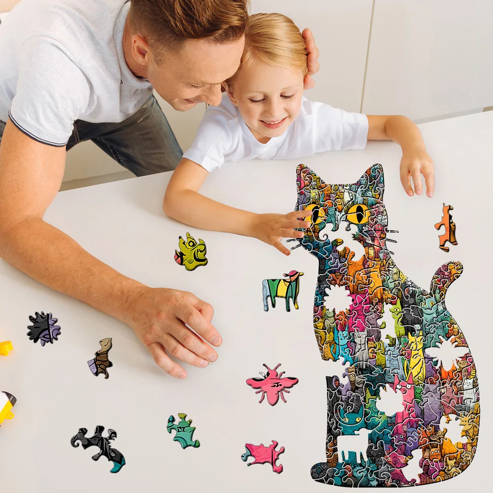 Colorful Cat Shaped Wooden Puzzle Unique Animal Pattern Jigsaw Toy Adult Kids Decompression Intellectual Game Difficult Challeng