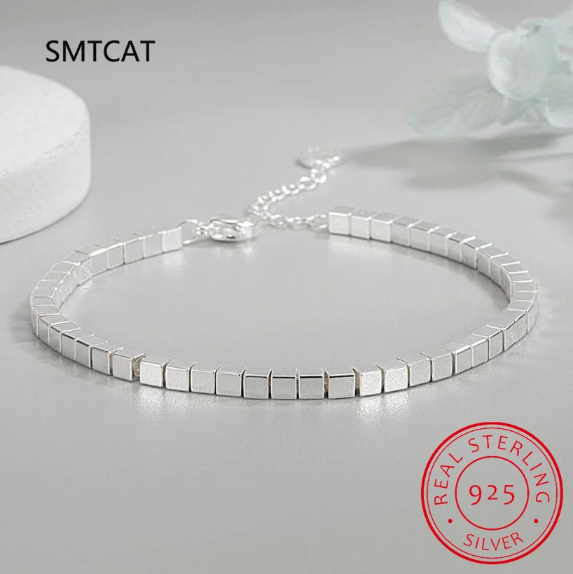 

Real Original 925 Sterling Silver Square Beads Bracelet for Women Wedding Party Birthday Anniversary Fine Gift DA2773