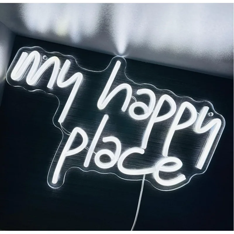 My Happy Place Neon Sign LED Light up My Happy Place Wall Decor Pink Lights Neon Letters Room Aesthetic Accessory (White)