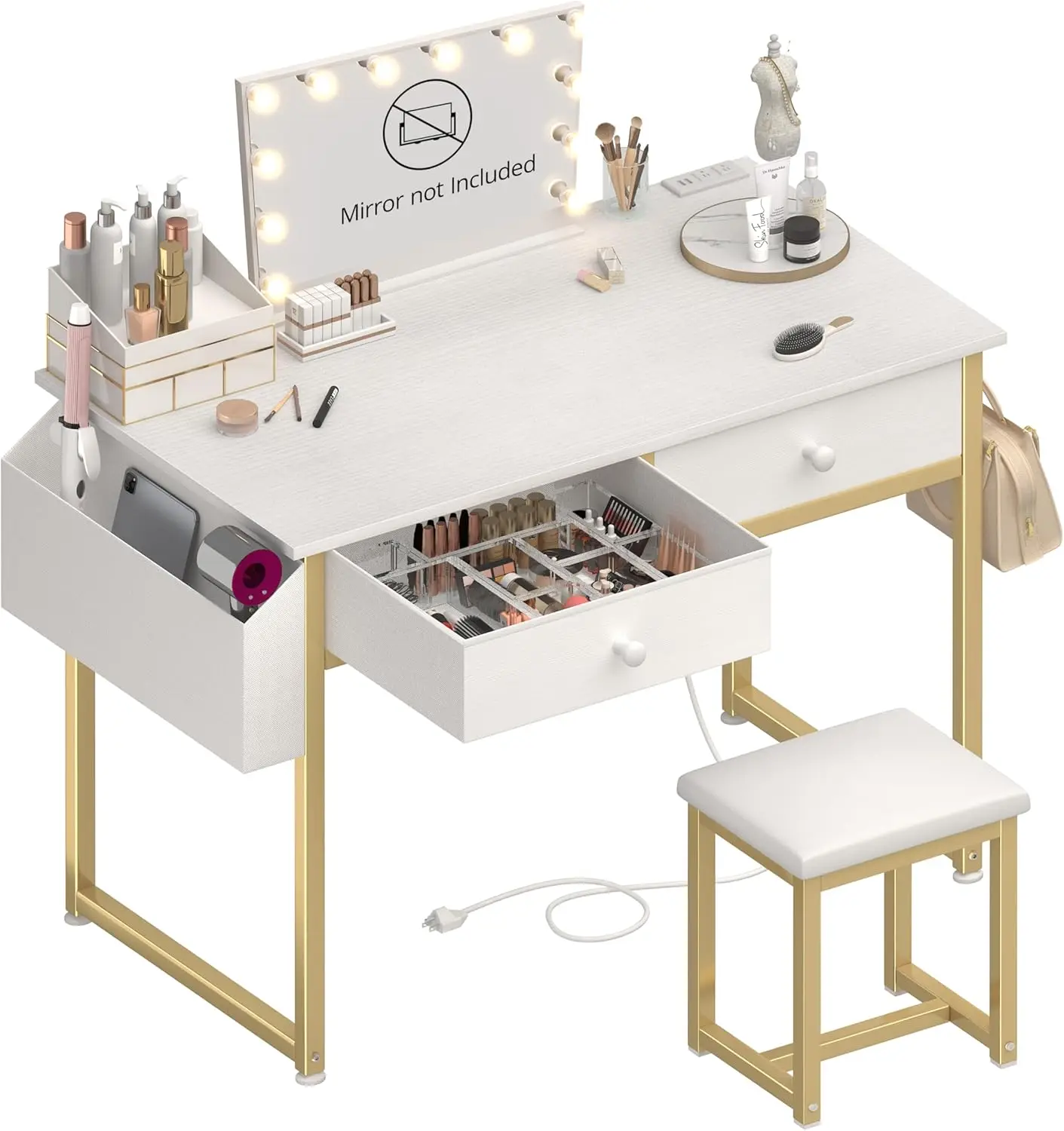 

Makeup Vanity Desk No Mirror with Chair for Girls, White Small Vanity Table Set with Fabric Drawers, Power Outlet Without Mirror