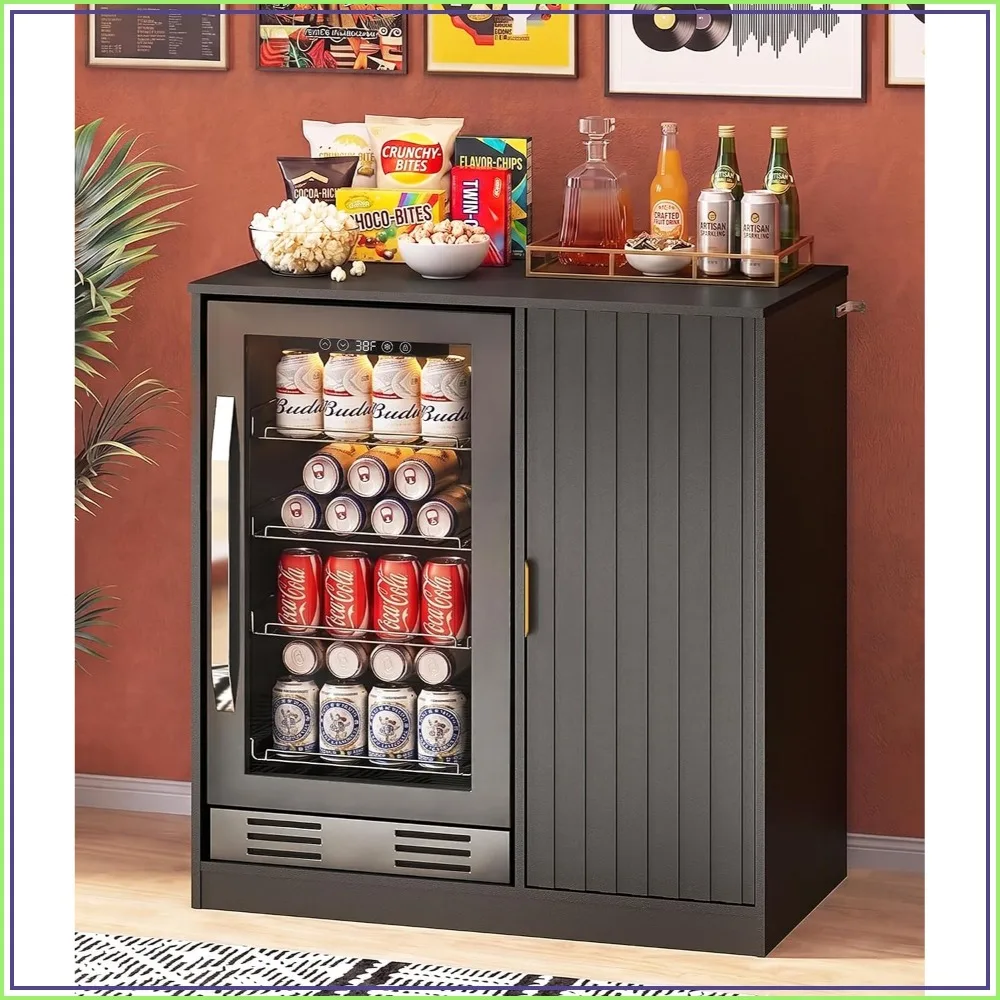 Fluted Mini Fridge Cabinet with Storage, Power Outlet & Base for Bedroom Office