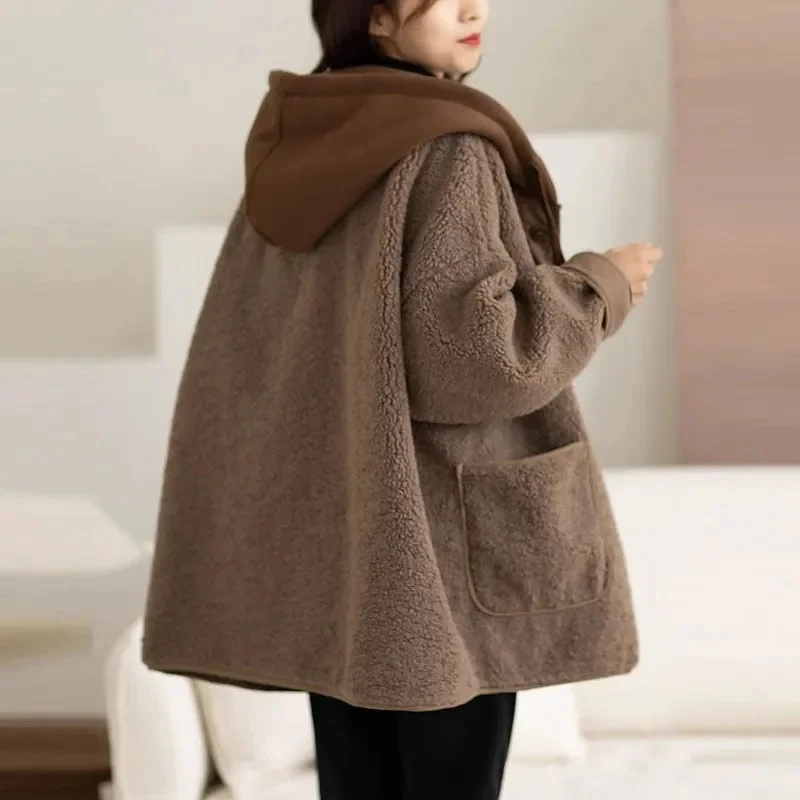 Korean Ladies Hooded Lamb Plush Jacket Autumn Winter Female Medium Long Styles Coat 2024 Women Large Size 4XL Baseball Outwear