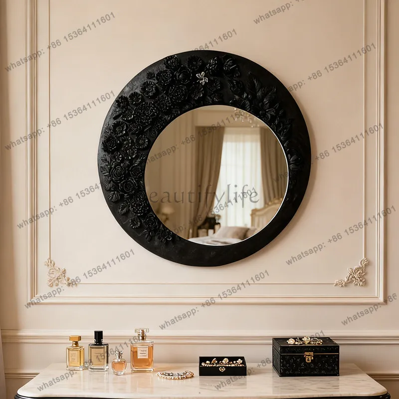 French round decorative mirror, light luxury embossed rose dressing wall hanging high-end wall fireplace mirror