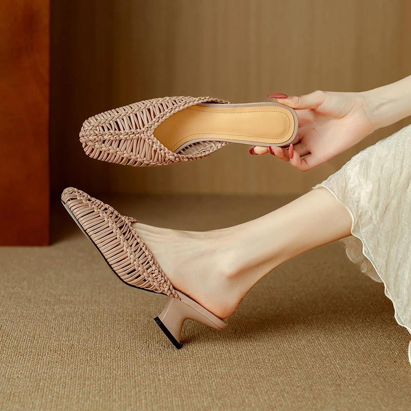 

Women's new genuine leather square toe sheepskin woven elastic band breathable hollow high heels with toe cover Mueller slippers