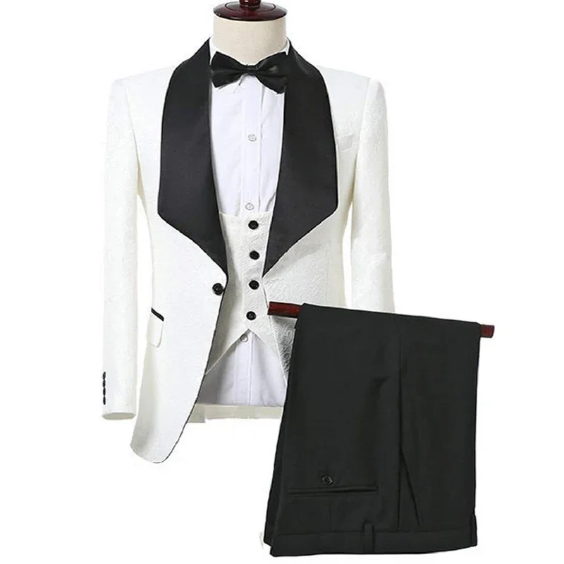 Floral Pattern Men Suits Slim Fit Groom Tuxedos For Wedding Satin Shawl Groomsmen Best Man 3 Pcss ( Jacket+Pants+Vest ) 2024