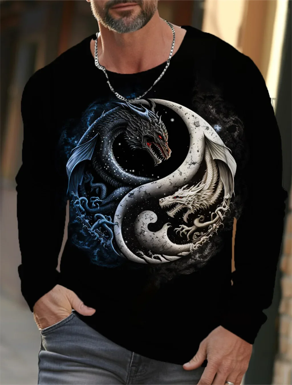 Vintage Men\'s Long Sleeve T-Shirt 3d Print Shirts Fashion Animal Dragon Graphics Long Sleeve Men Oversized Streetwear Tops Tees