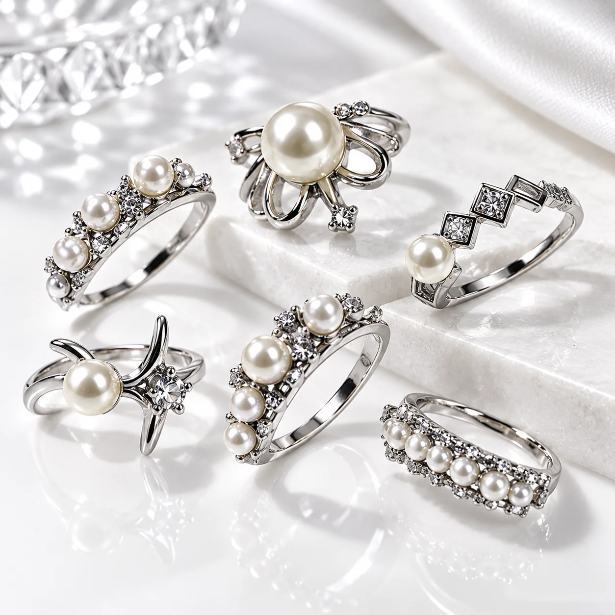 50Pcs Silver Plated Pearl Ring Set for Women Vintage Crystal Flower Stackable Rings Elegant Wedding Jewelry Gift Wholesale