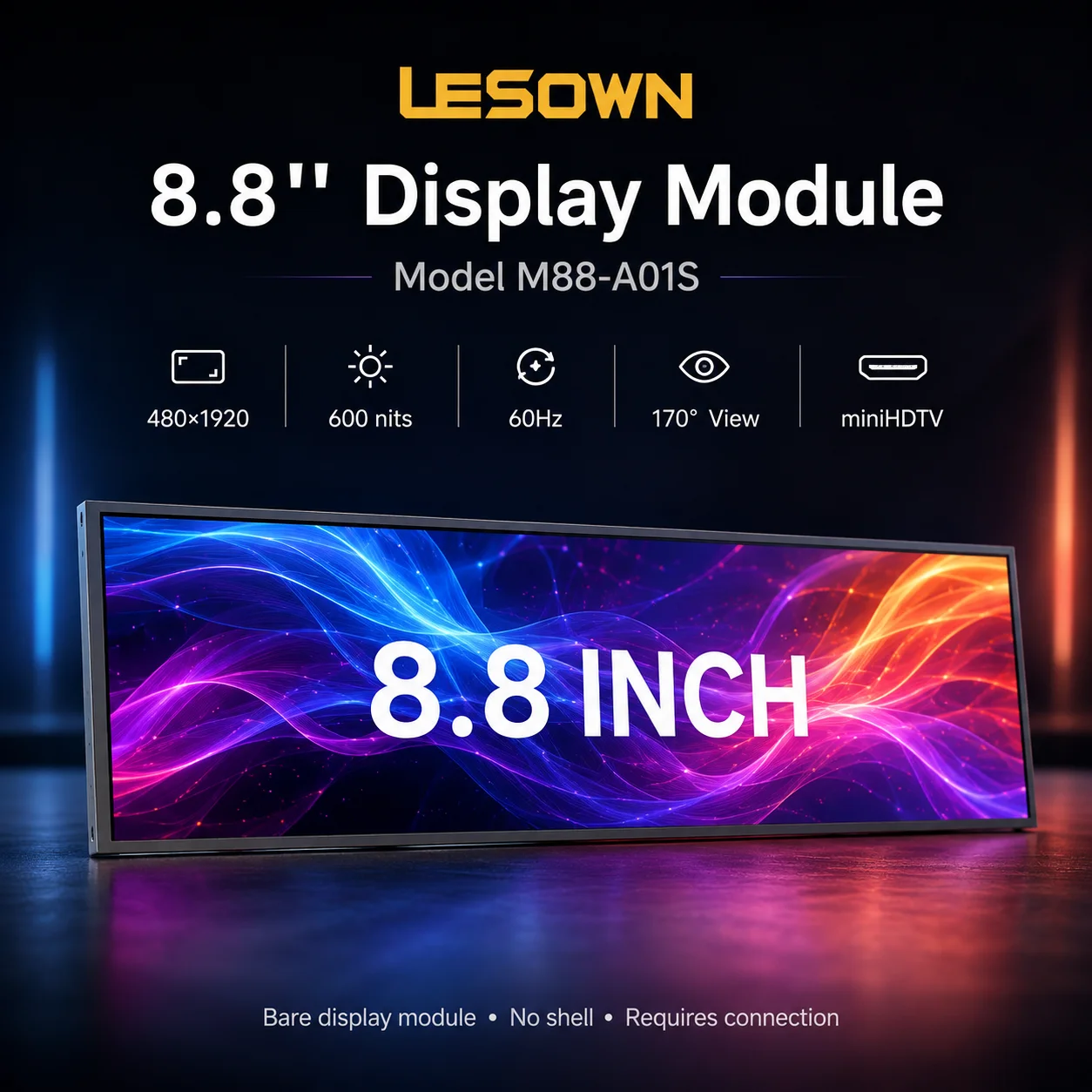 LESOWN 8.8 Inch 480x1920 Stretched LCD Screen 600nits with Driver Board miniHDTV Plug and Play for PC Case Modding