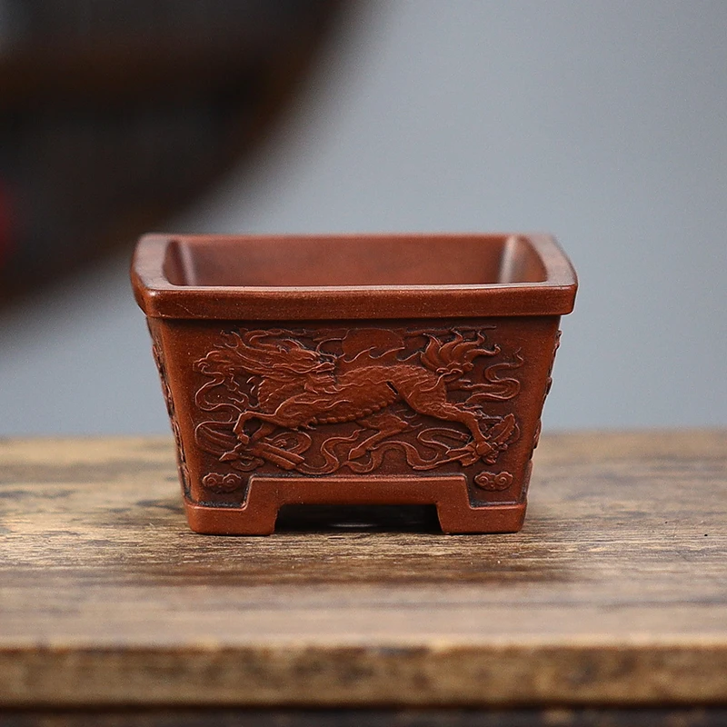 Purple Sand Rectangle Bonsai Pot, Chinese Emboss Carved Garden Decoration,Red Amber Color