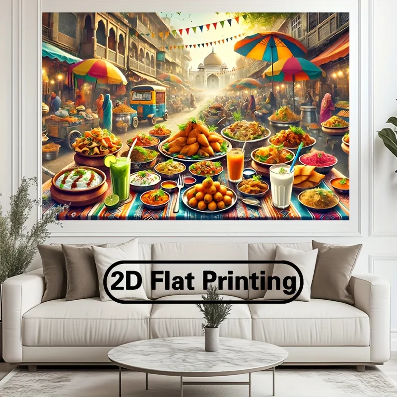 Indian Street Food Market Tapestry Colorful Cuisine Festival Backdrop Spices Dishes Umbrellas Rickshaw Taj Mahal Background 2D