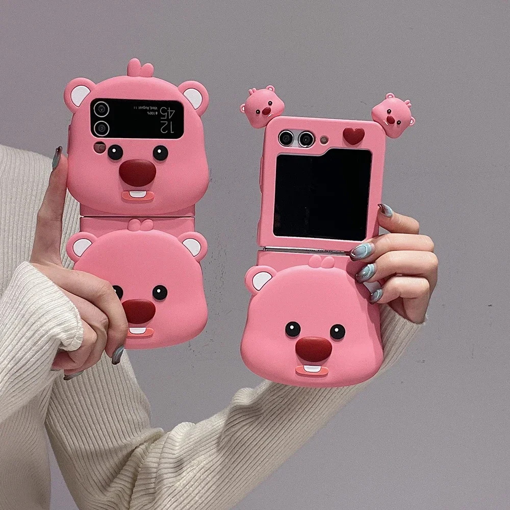 

3D Stereoscopic Pink Cute Loppy Phone Case for Samsung Galaxy Z Flip 3 4 5 5G PC Silicone Soft Anti-drop Back Cover Funda Gift