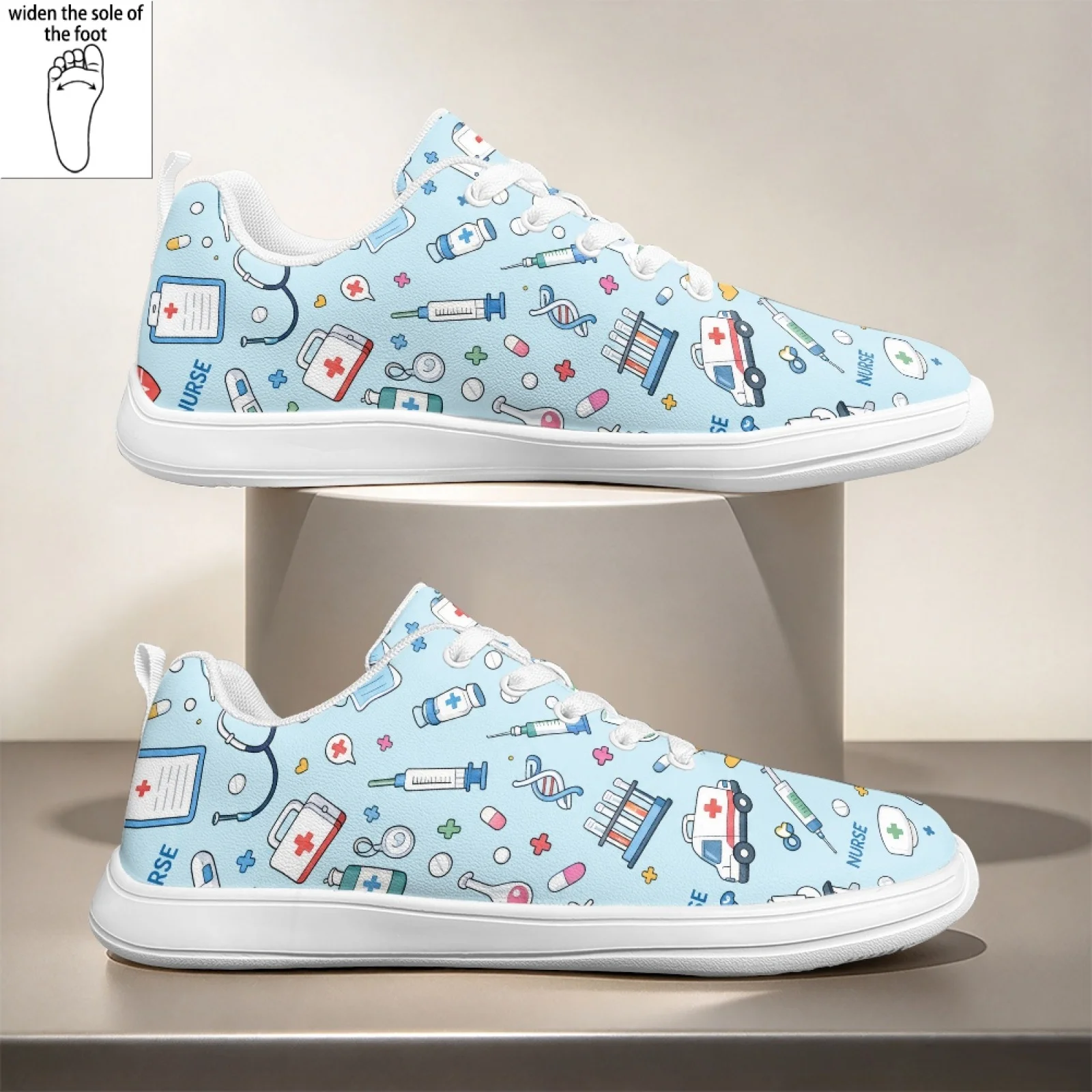 PENSTROLL Medical Element Print Wide Width Sneakers for Women Hospital Everyday Wear Grip Sole Nurse Shoes
