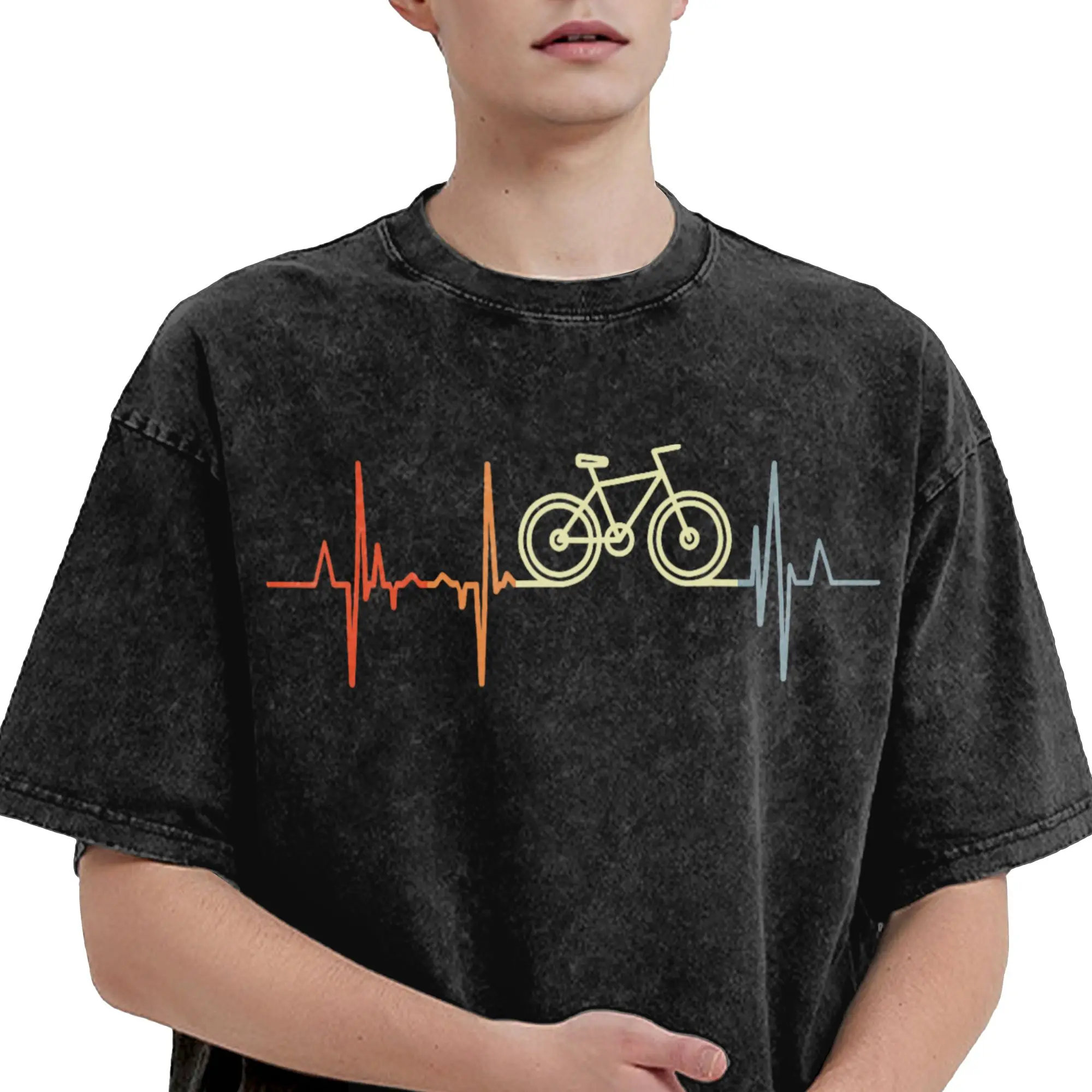 Bicycle Heartbeat Racing Cyclist Bike Pulse Line T Shirt Washed Short Sleeve Harajuku T-Shirt  Retro Men Women Streetwear
