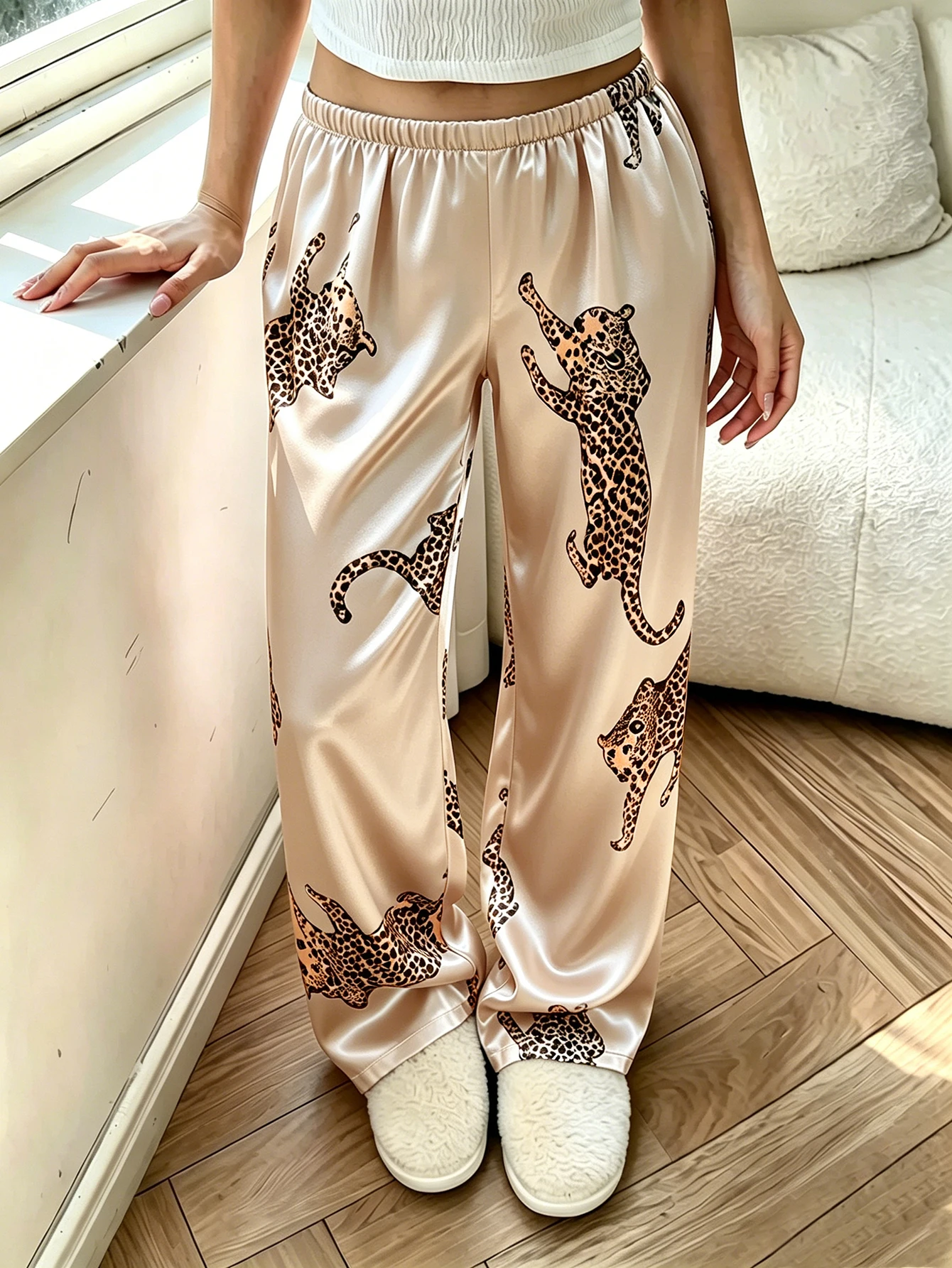 New Women Leopard Print Pajama Pants Elastic Waist Loose Trousers Casual Home Loungewear All Season Sleep Bottoms