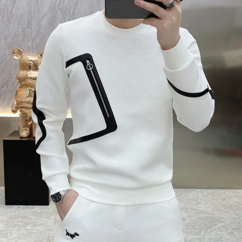 Men's Clothing White Pullover Top Sweatshirts for Man Hoodieless Slim Fit Splicing Welcome Deal Xxl Simple High Quality ZL447