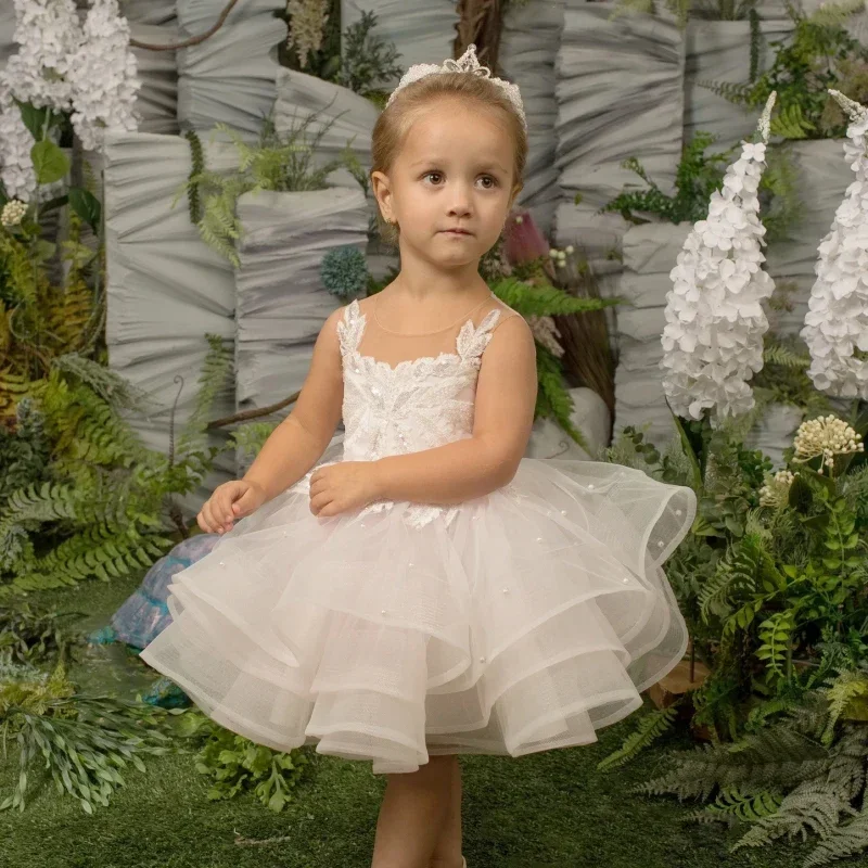 Flower Girl Dresses Light Pink Tulle Tiered Flory Pattern Sleeveless For Wedding Birthday Party First Communion Gowns baby