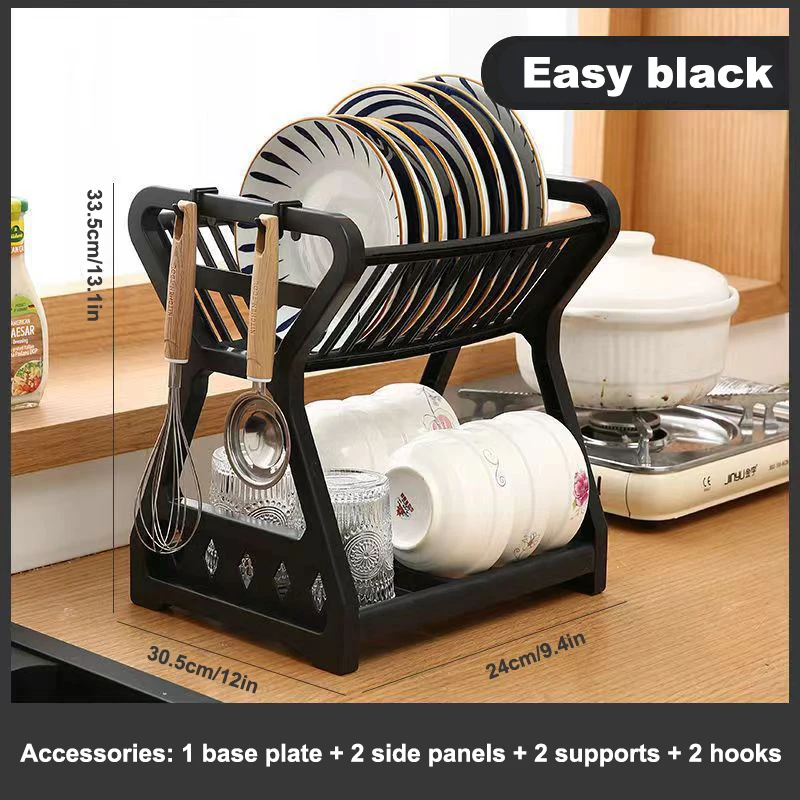 

2 Layer Tableware Drain Rack Black Kitchen Counter Drain Drying Rack With Glass Chopstick Holder Dinnerware Organizer Drainboard