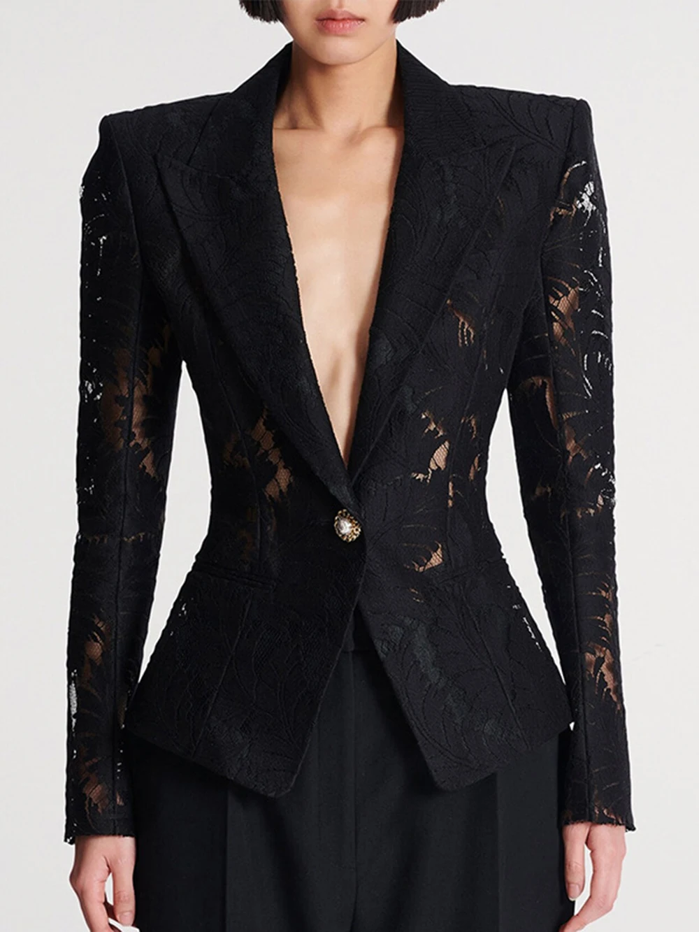 

Modphy New Fashion 2026 Designer Jacket Women'S See Through Embroidery Single Button Slim Blazer Black
