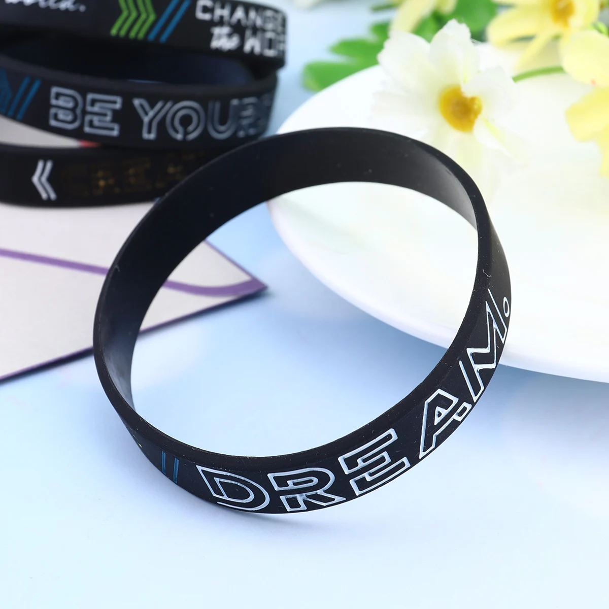 

4 Silicone Motivational Bracelets Elastic Wristb s Inspirational Dream Change Create Durable Comfortable
