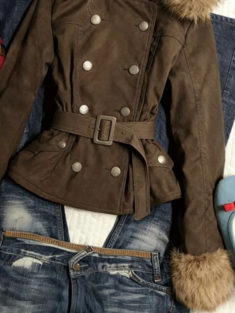 النمط البريطاني خمر براون سليم التفاف معطف Y2k مزدوجة الصدر Cinched الخصر سترات الموضة تصميم تحسس ملابس الشتاء الجديدة #4