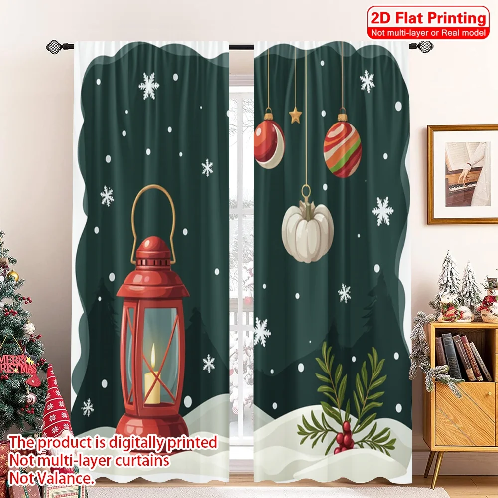 

2pcs 2D flat printing Christmas Party Curtain Christmas Ornament Lantern Snowflakes 100% Polyester Without Electricity Party
