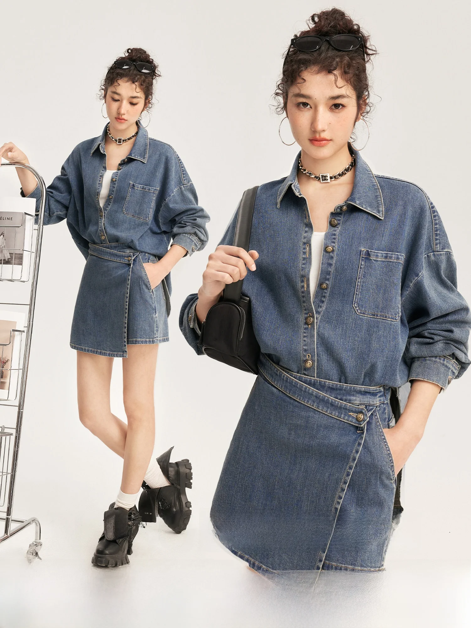 

Spring New Fashionable Women's Denim Shirt And Shorts Set Pumpkin Valley City Story Outfit Casual Versatile Cotton Two-Piece Set