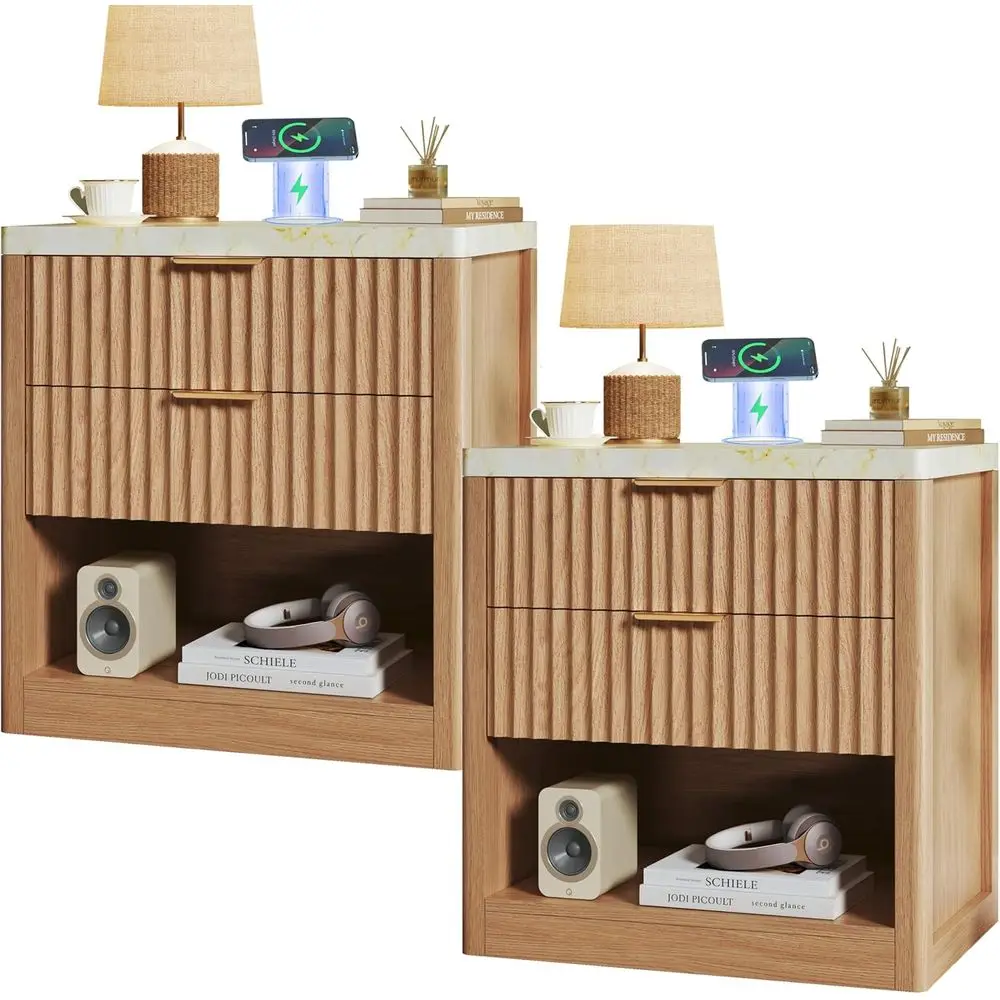 

Pair of 24 Oak Nightstands with Wireless Charging and Marble Tops for Living or Bedroom